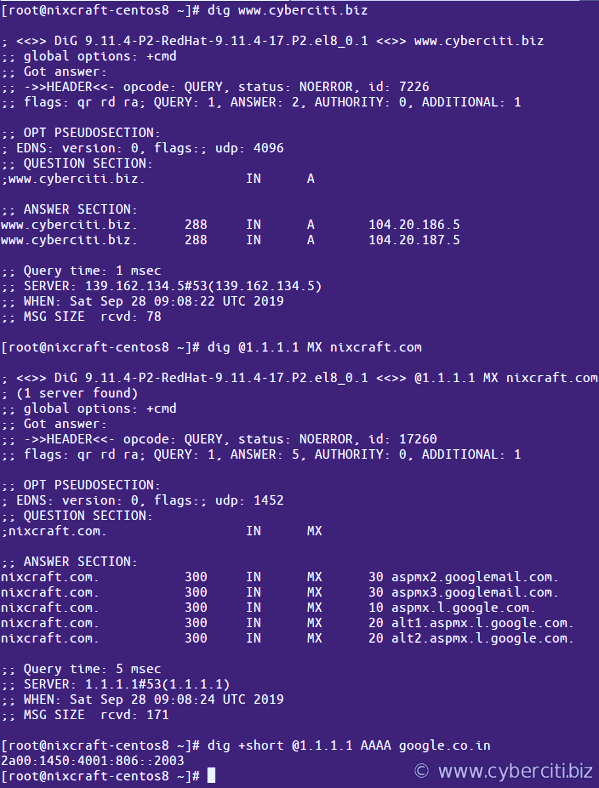 آزمایش فرمان dig در سرور ابری مبتنی بر لینوکس CentOS 8