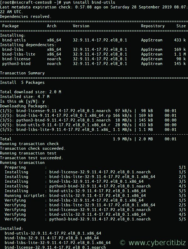 نصب فرمان dig در CentOS 8