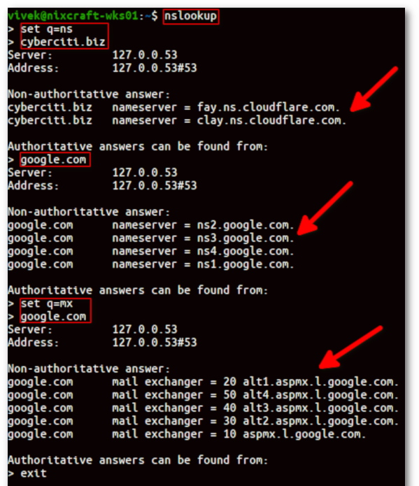 دستور nslookup برای بدست آوردن آدرس DNS