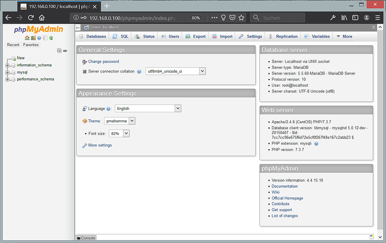 صفحه phpMyAdmin در سیستم CentOS