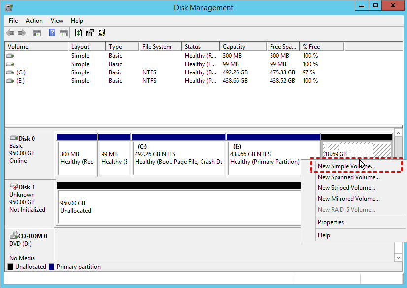 ساخت پارتیشن جدید در ویندوز سرور از طریق Disk Management