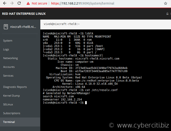 بخش ترمینال داخلی رابط کاربری برنامه Cockpit در RHEL 8