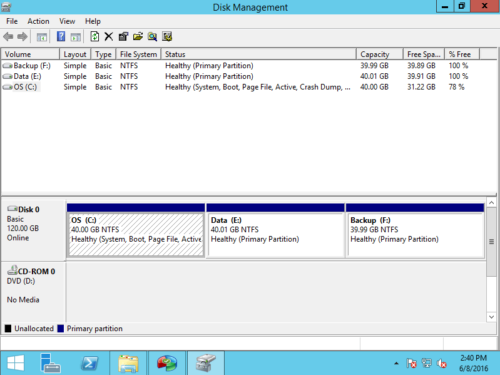 بخش مدیریت دیسک ویندوز سرور