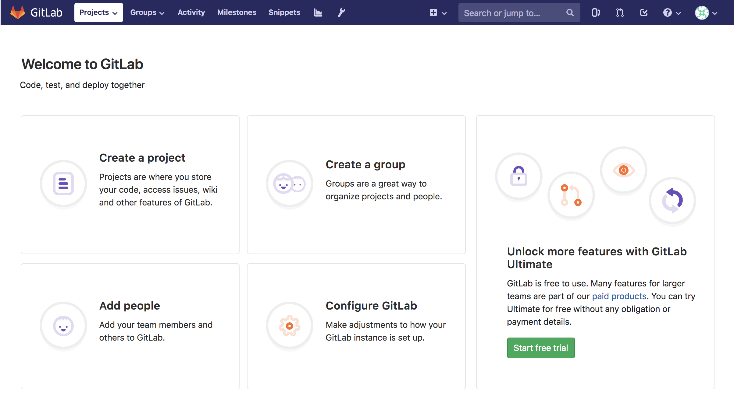در صفحه خوشامدگویی اپلیکیشن GitLab روی "Create a project" کلیک کنید.