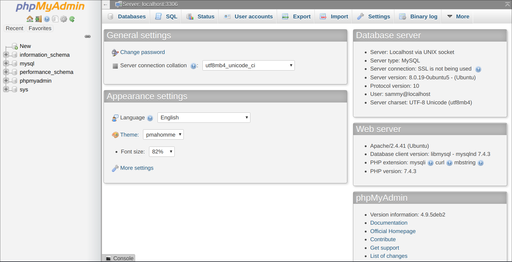 رابط کاربری phpMyAdmin