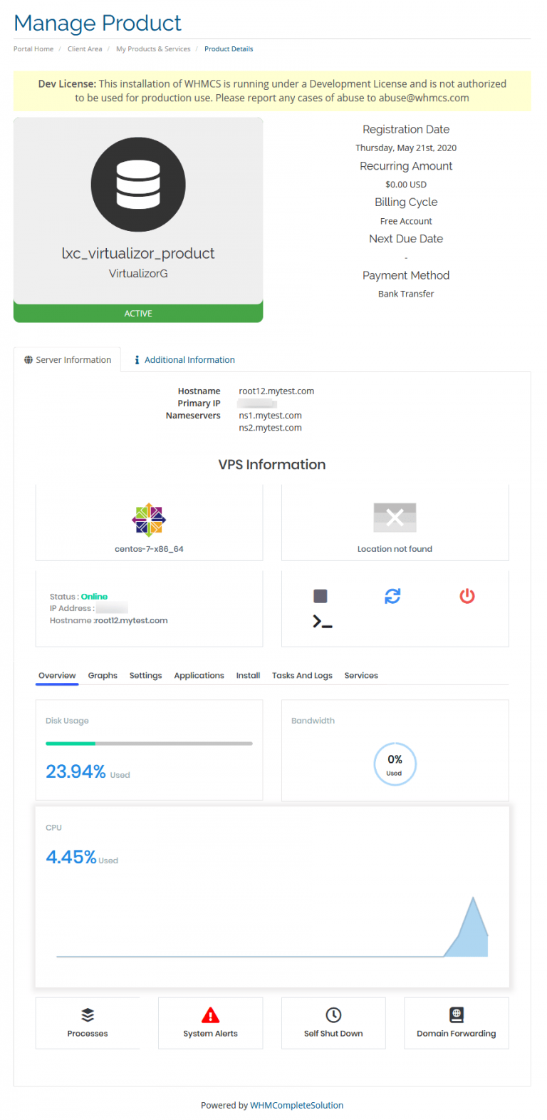 نمای اطلاعات VPS در پنل کلاینت WHMCS