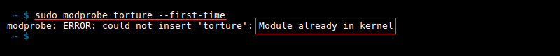 خروجی ترمینال اضافه‌کردن ماژول با modprobe با خطای --first-time