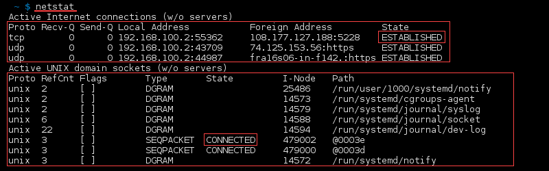 خروجی ترمینال فرمان netstat در لینوکس