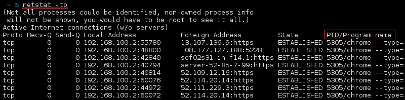 خروجی ترمینال فرمان netstat -tp