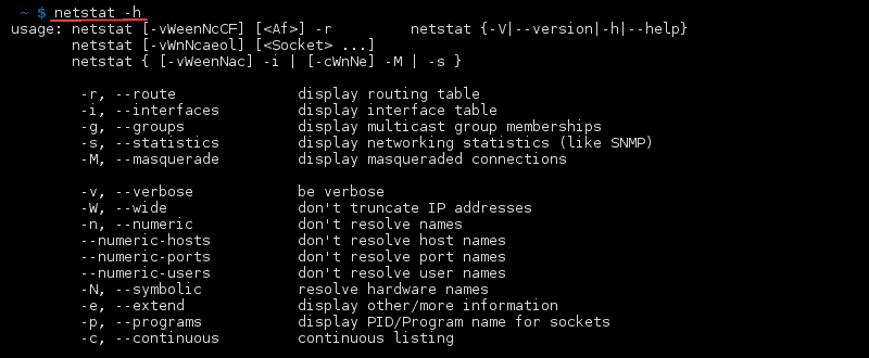 خروجی ترمینال فرمان netstat -h