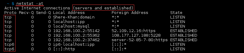 خروجی ترمینال فرمان netstat -at