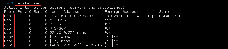 خروجی ترمینال فرمان netstat -au