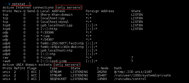 خروجی ترمینال فرمان netstat -l