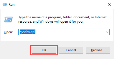 عبارت sysdm.cpl را تایپ کرده و دکمه OK را بزنید.