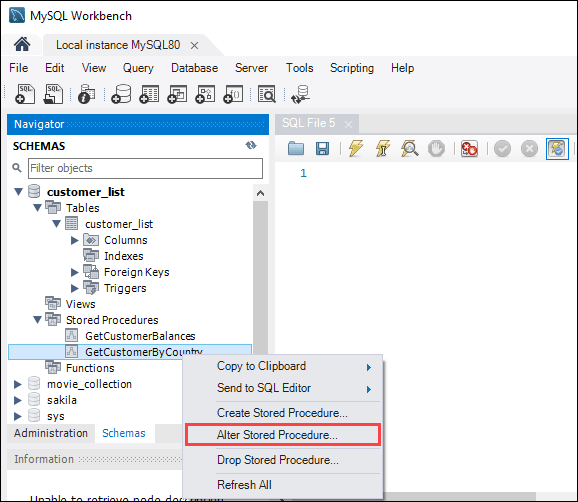 اولین گام در تغییر یک روند ذخیره‌شده در MySQL Workbench