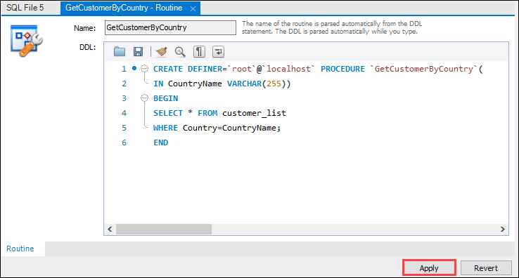 دومین گام در تغییر یک روند ذخیره‌شده در MySQL Workbench