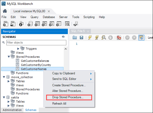 حذف یک روند ذخیره شده در MySQL Workbench - گام اول