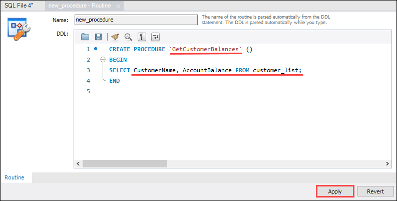 ایجاد یک روند ذخیره‌شده در MySQL Workbench - مشخص‌کردن عنوان و محتویات