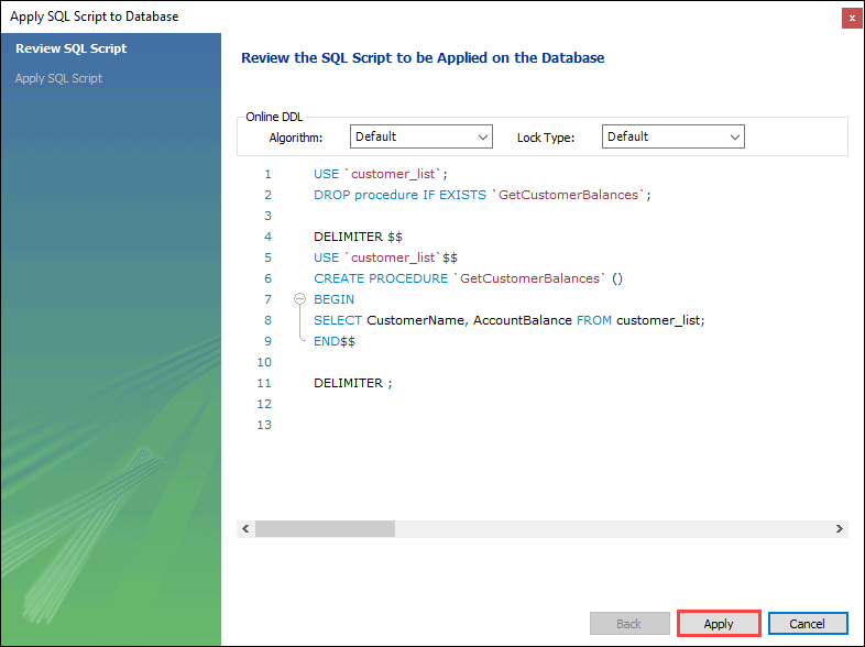 بررسی کد قبل از ایجاد یک روند ذخیره‌شده در MySQL Workbench