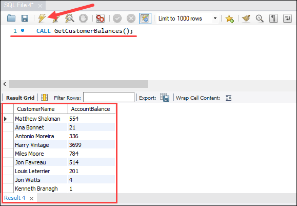 اجرای یک روند ذخیره‌شده در MySQL Workbench