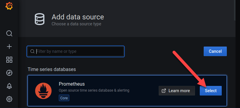 انتخاب Prometheus به عنوان یک منبع داده در Grafana