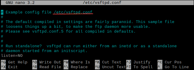 ویرایش فایل تنظیمات vsftpd با ویرایشگر متنی nano