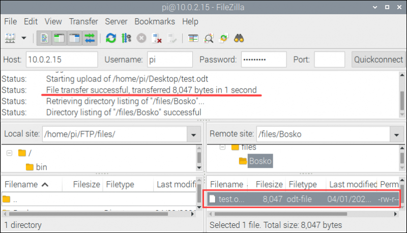 انتقال فایل‌ها برای تست سرور FTP در Raspberry Pi